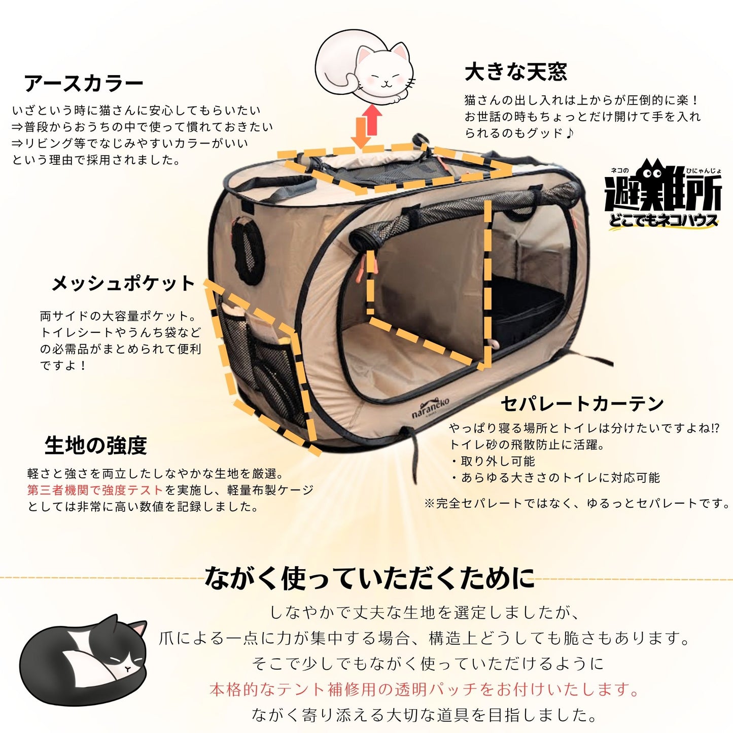 猫のための防災折りたたみケージ どこでもネコハウス （特大トイレセット）